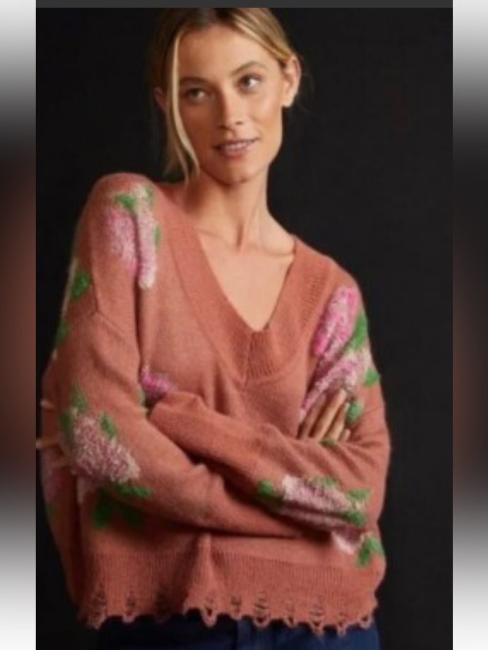 Anthropologie distressed Rust Pink Floral Knit Sweater with Green Accents - Picture 3 of 9